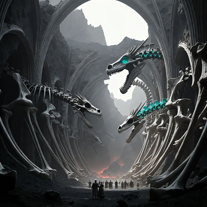 illustrations-landscape · Ancient Dragon Sanctuary Beneath Volcanic Mountains Colossal Fossilized