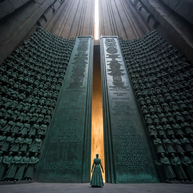 illustrations-fantasy-royalty · Beautiful Ruler Standing Before Monumental Bronze Doors Engraved