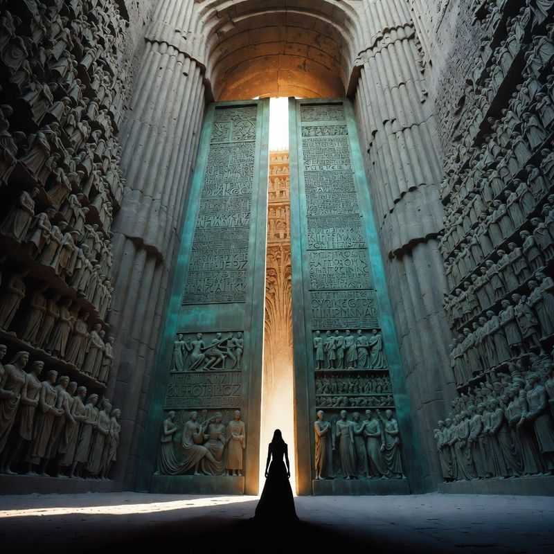 illustrations-fantasy-royalty · Beautiful Ruler Standing Before Monumental Bronze Doors Engraved