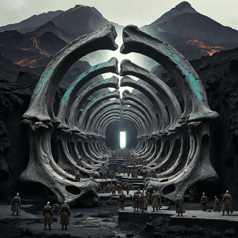 illustrations-landscape · Ancient Dragon Sanctuary Beneath Volcanic Mountains Colossal Fossilized