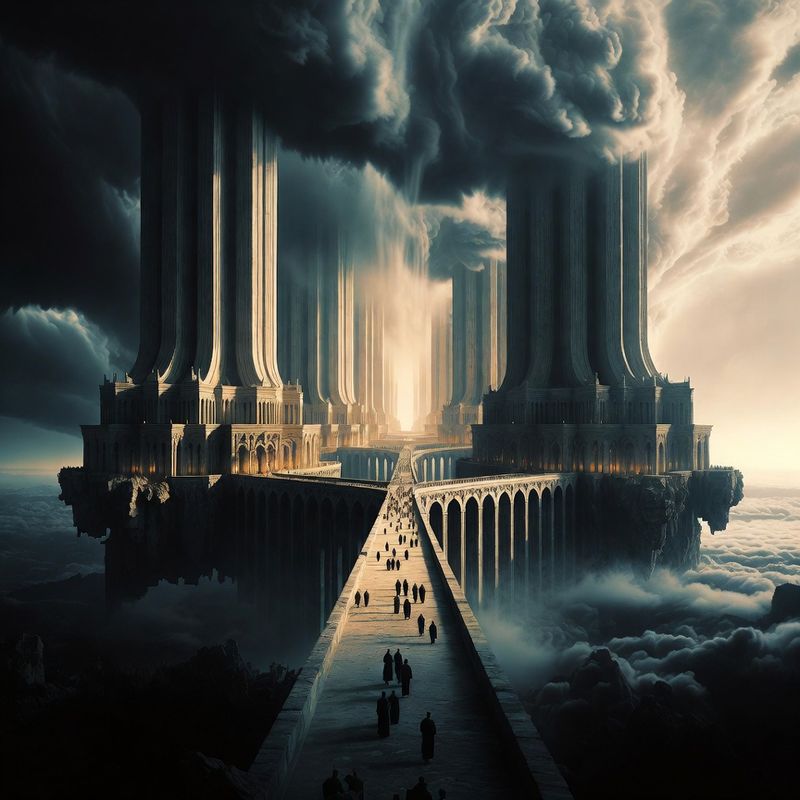 illustrations-landscape · Floating Monastery Among Thunderclouds Gigantic Stone Bridges Linking