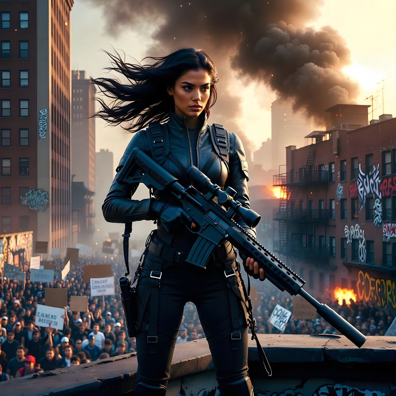 illustrations-scifi-mecha · A Rooftop Assassin In A Dystopian City Preparing