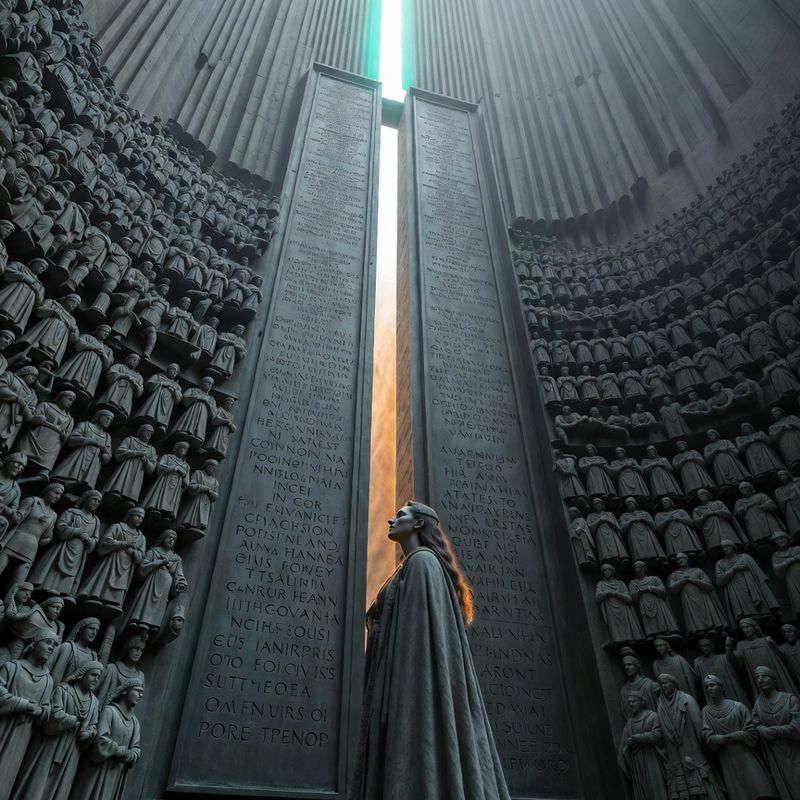 illustrations-fantasy-royalty · Beautiful Ruler Standing Before Monumental Bronze Doors Engraved