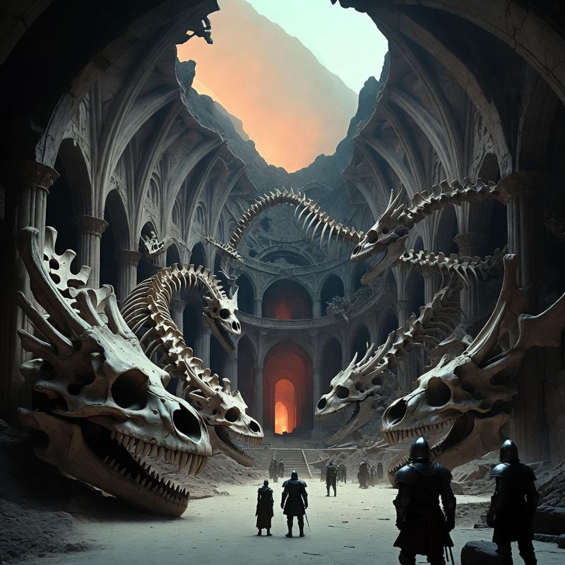 illustrations-landscape · Ancient Dragon Sanctuary Beneath Volcanic Mountains Colossal Fossilized