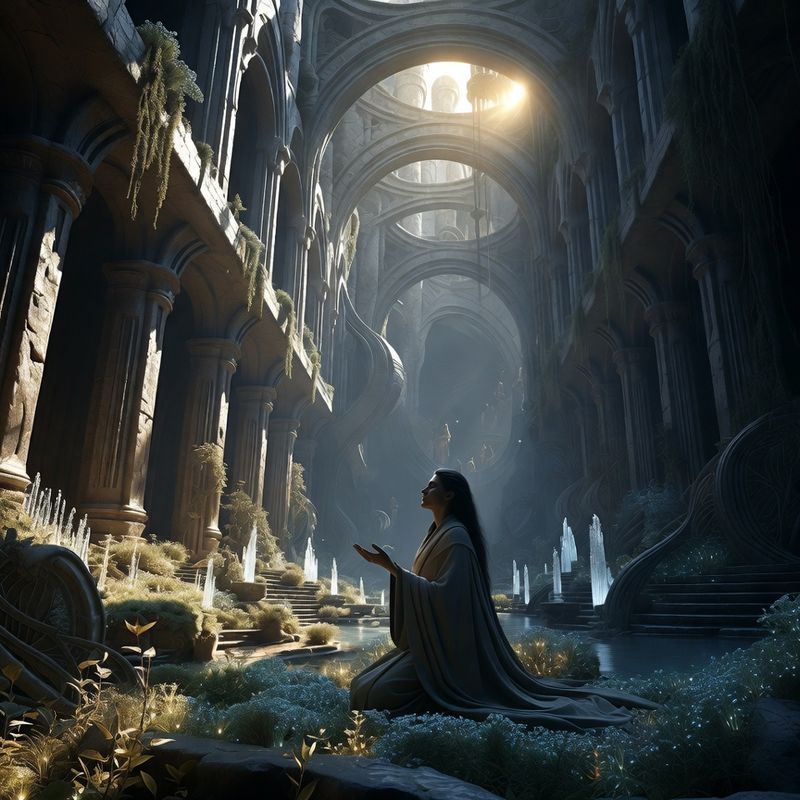 illustrations-fantasy-royalty · Graceful Healer Kneeling Inside An Ancient Sanctuary Filled