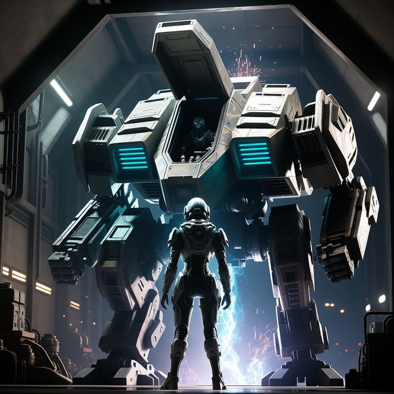 illustrations-scifi-mecha · Female Mech Pilot Standing Before A Colossal Combat