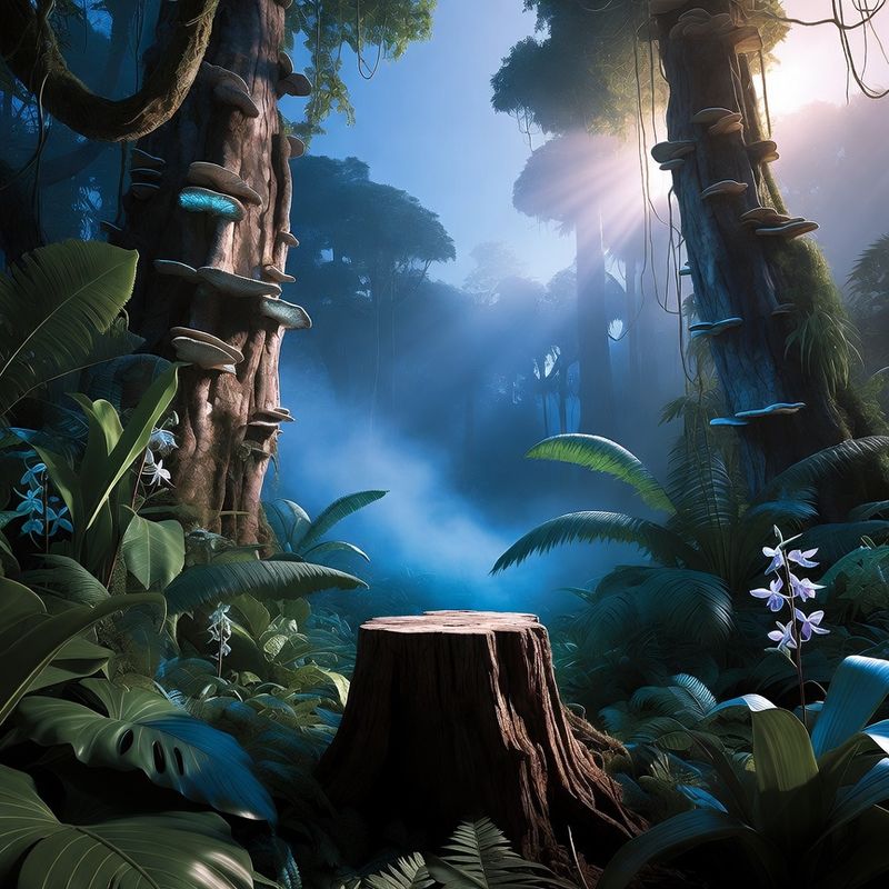 illustrations-landscape · Exotic Rainforest Deep At Dawn Towering Bioluminescent Trees