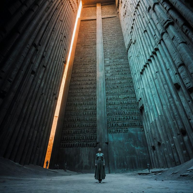 illustrations-fantasy-royalty · Beautiful Ruler Standing Before Monumental Bronze Doors Engraved