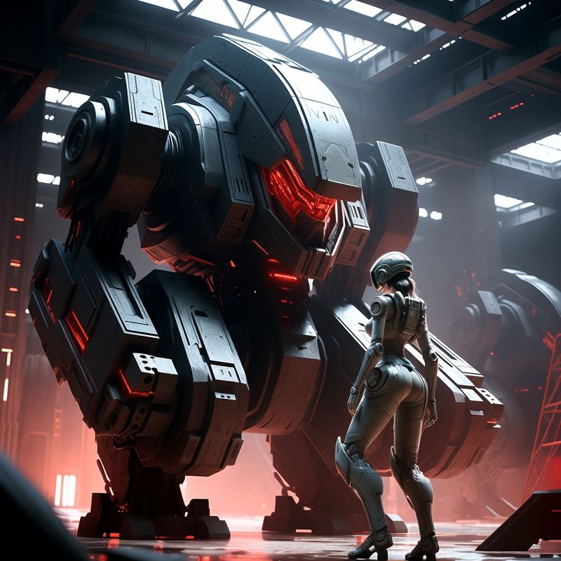 illustrations-scifi-mecha · Female Mech Pilot Standing Before A Colossal Combat