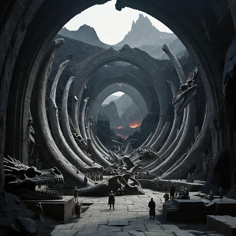 illustrations-landscape · Ancient Dragon Sanctuary Beneath Volcanic Mountains Colossal Fossilized