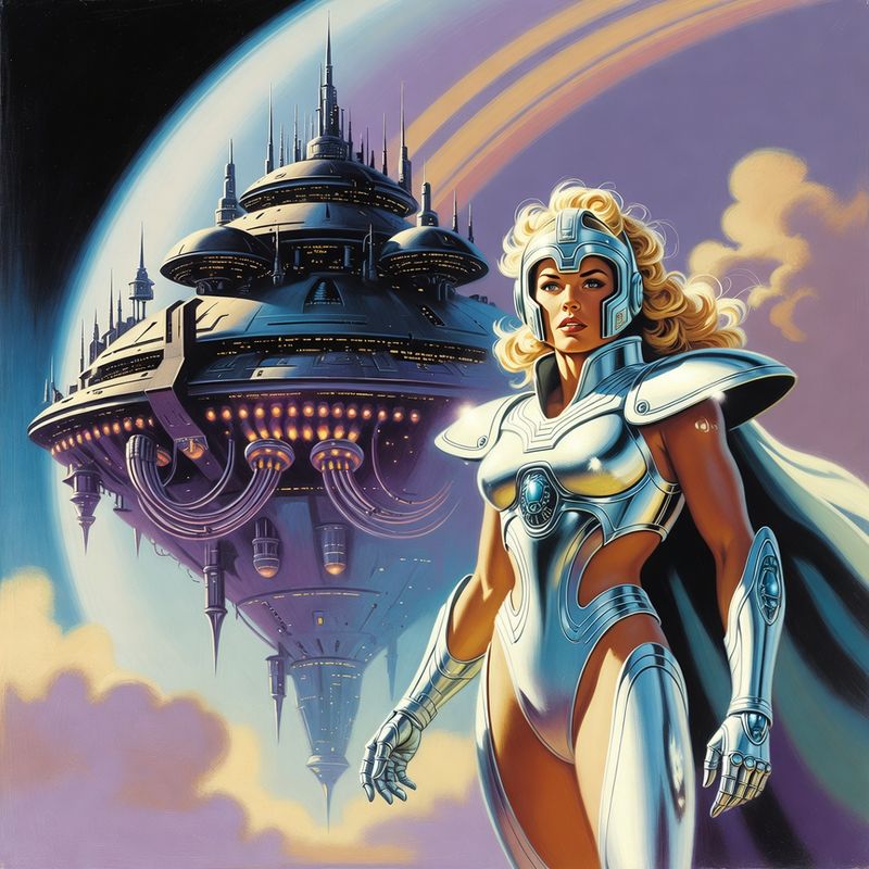 illustrations-scifi-mecha · Heroine In Gleaming White Powered Armor Standing Before