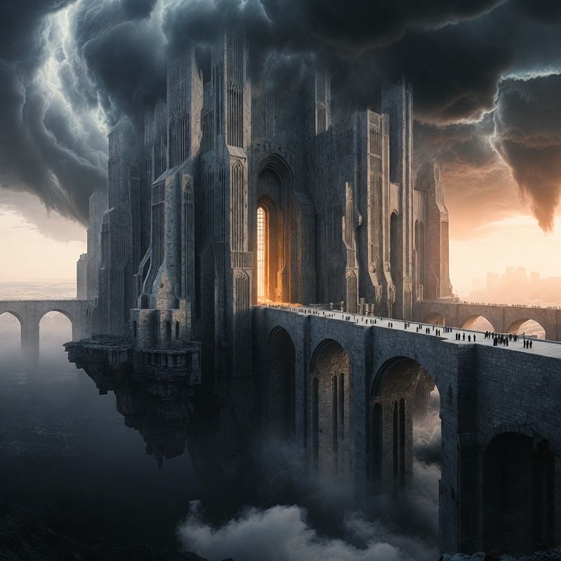 illustrations-landscape · Floating Monastery Among Thunderclouds Gigantic Stone Bridges Linking