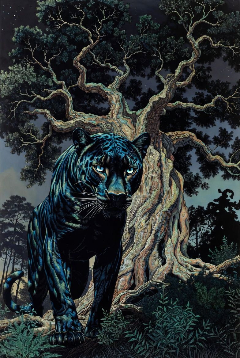 illustrations-fantasy-creatures · The Powerful Panther With Luminescent Scales Next To