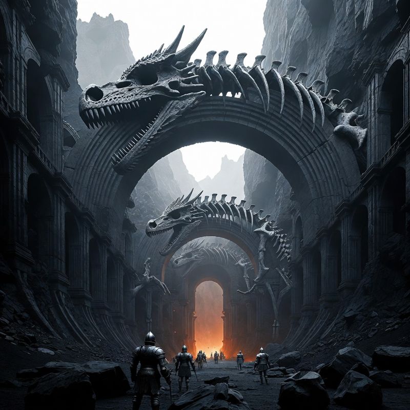 illustrations-landscape · Ancient Dragon Sanctuary Beneath Volcanic Mountains Colossal Fossilized