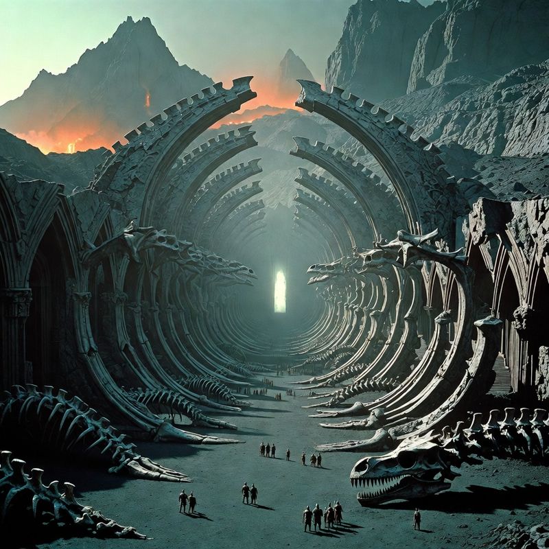 illustrations-landscape · Ancient Dragon Sanctuary Beneath Volcanic Mountains Colossal Fossilized