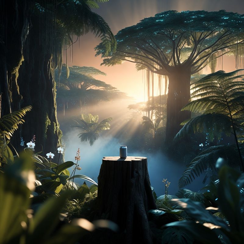 illustrations-landscape · Exotic Rainforest Deep At Dawn Towering Bioluminescent Trees