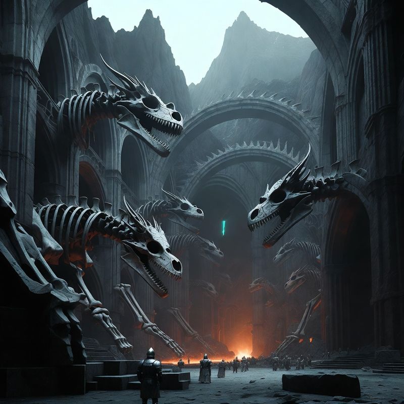 illustrations-landscape · Ancient Dragon Sanctuary Beneath Volcanic Mountains Colossal Fossilized