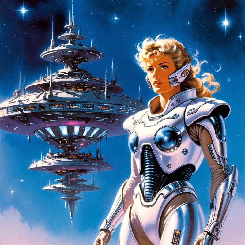 illustrations-scifi-mecha · Heroine In Gleaming White Powered Armor Standing Before