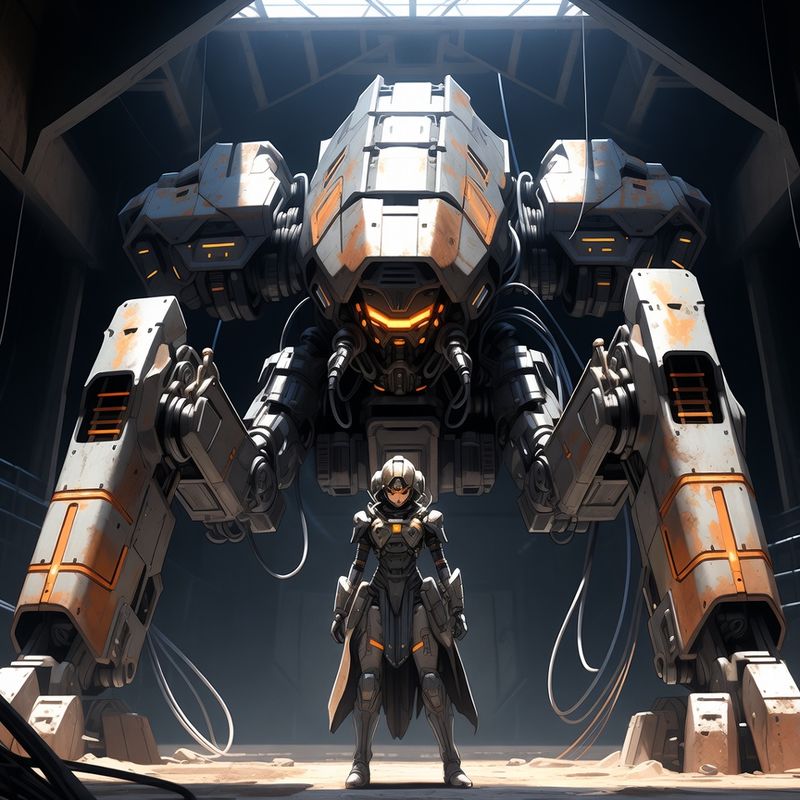 illustrations-scifi-mecha · Female Mech Pilot Standing Before A Colossal Combat