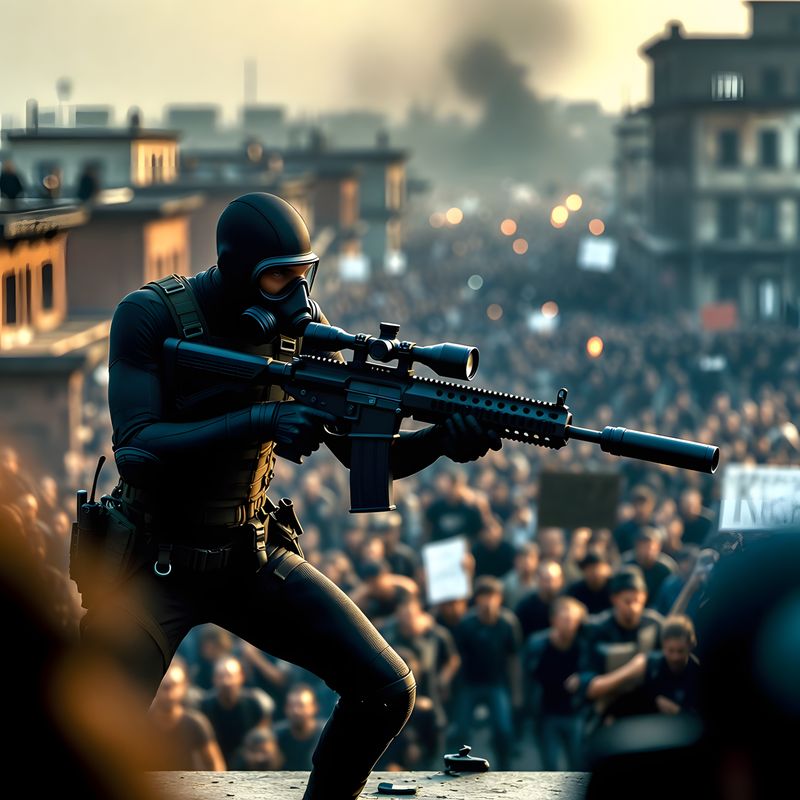 illustrations-scifi-mecha · A Rooftop Assassin In A Dystopian City Preparing