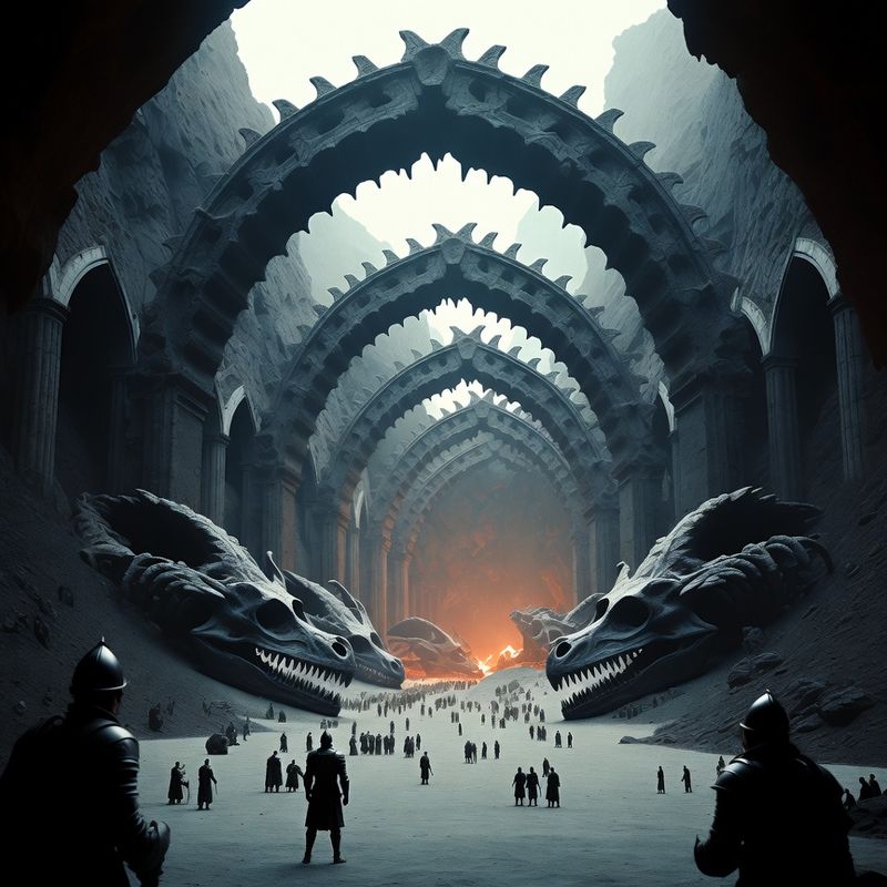 illustrations-landscape · Ancient Dragon Sanctuary Beneath Volcanic Mountains Colossal Fossilized