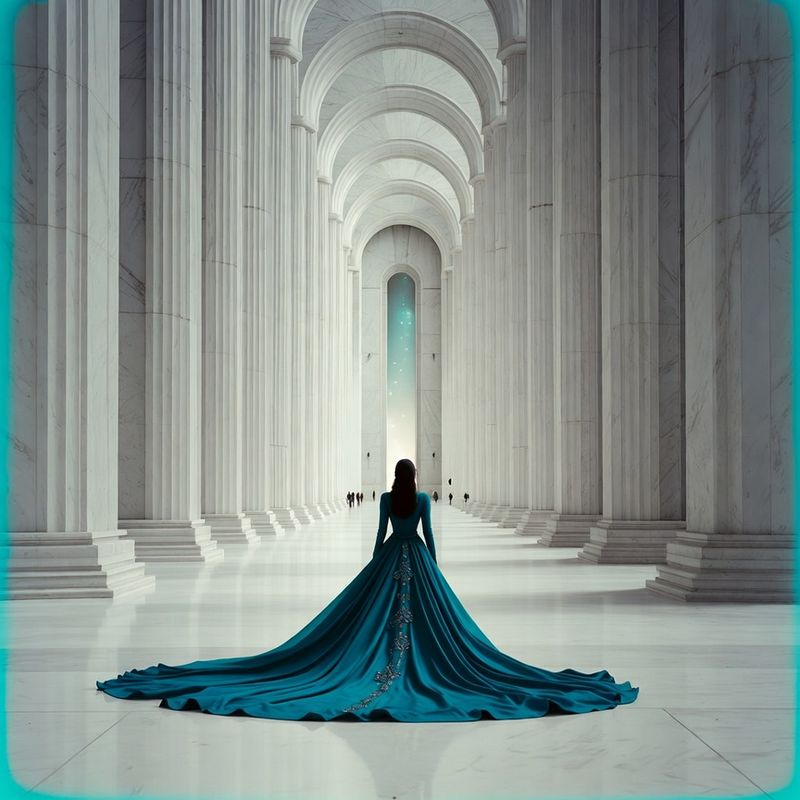 illustrations-fantasy-royalty · Legendary Sorceress Walking Alone Through Endless White Marble