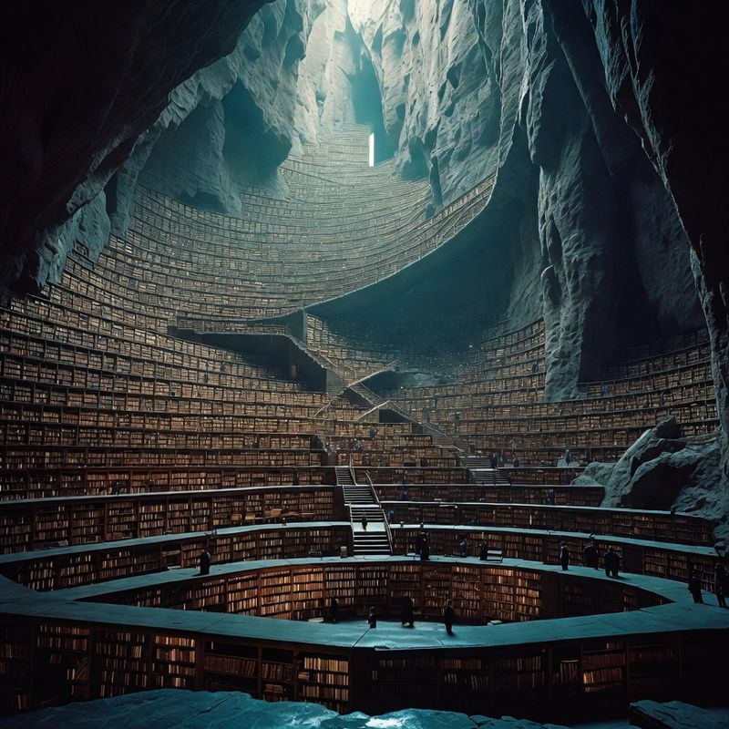 illustrations-landscape · Endless Wizard Library Carved Into A Mountain Spiral