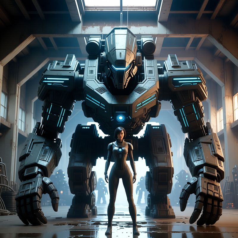 illustrations-scifi-mecha · Female Mech Pilot Standing Before A Colossal Combat
