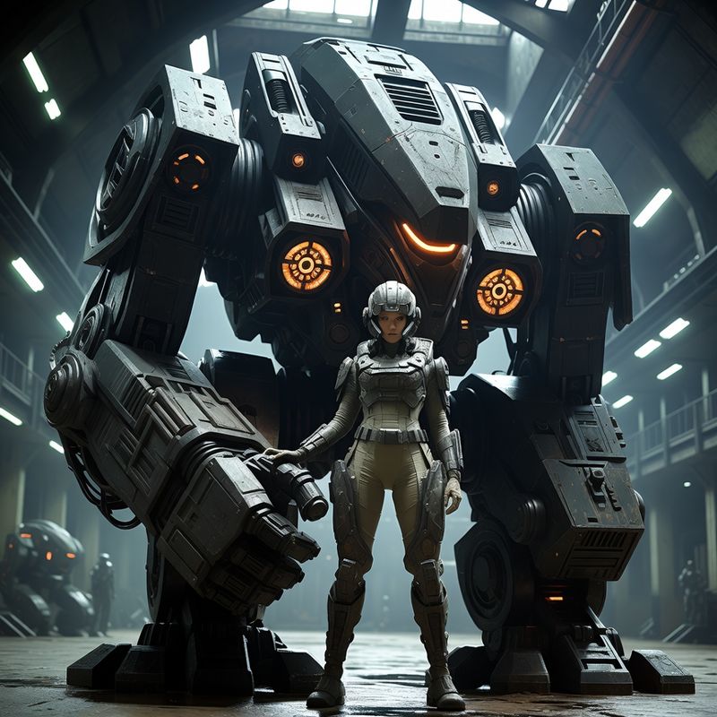 illustrations-scifi-mecha · Female Mech Pilot Standing Before A Colossal Combat