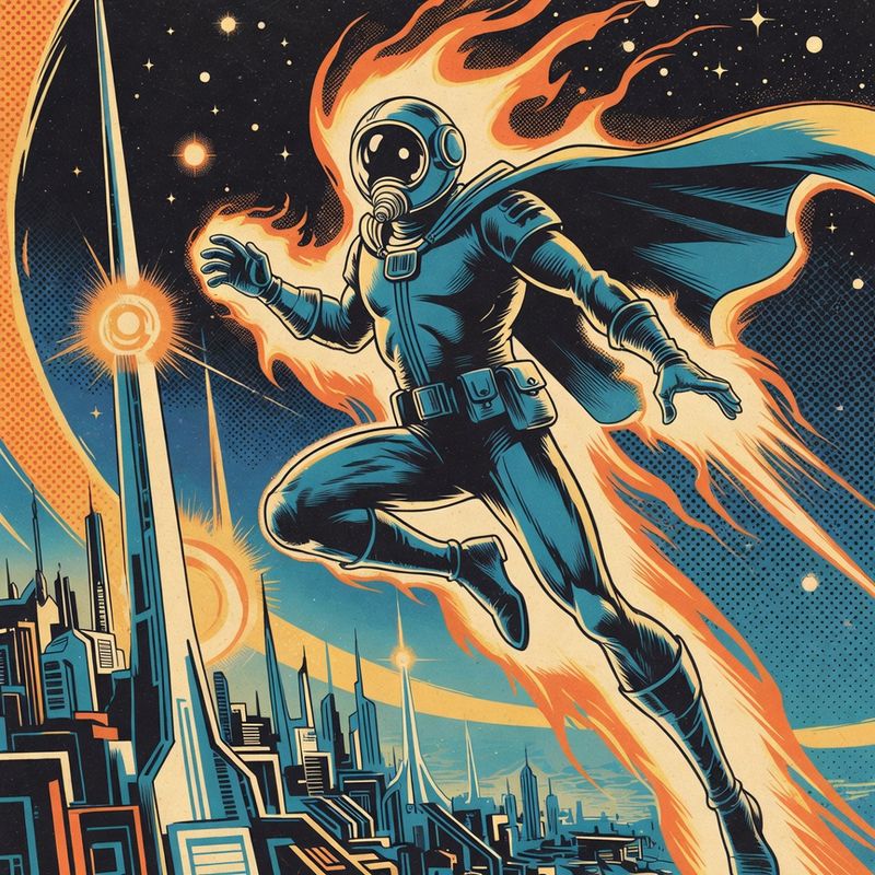 illustrations-scifi-mecha · Cosmic Guardian Flying Through Radiant Energy Rings Above