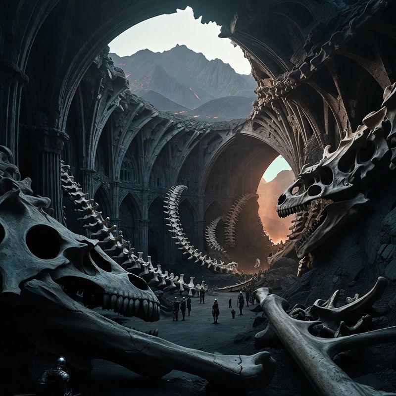 illustrations-landscape · Ancient Dragon Sanctuary Beneath Volcanic Mountains Colossal Fossilized