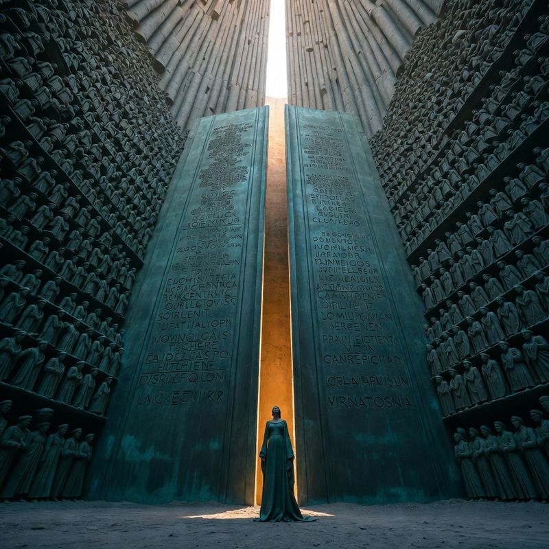 illustrations-fantasy-royalty · Beautiful Ruler Standing Before Monumental Bronze Doors Engraved