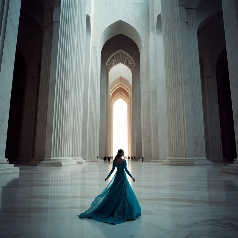illustrations-fantasy-royalty · Legendary Sorceress Walking Alone Through Endless White Marble