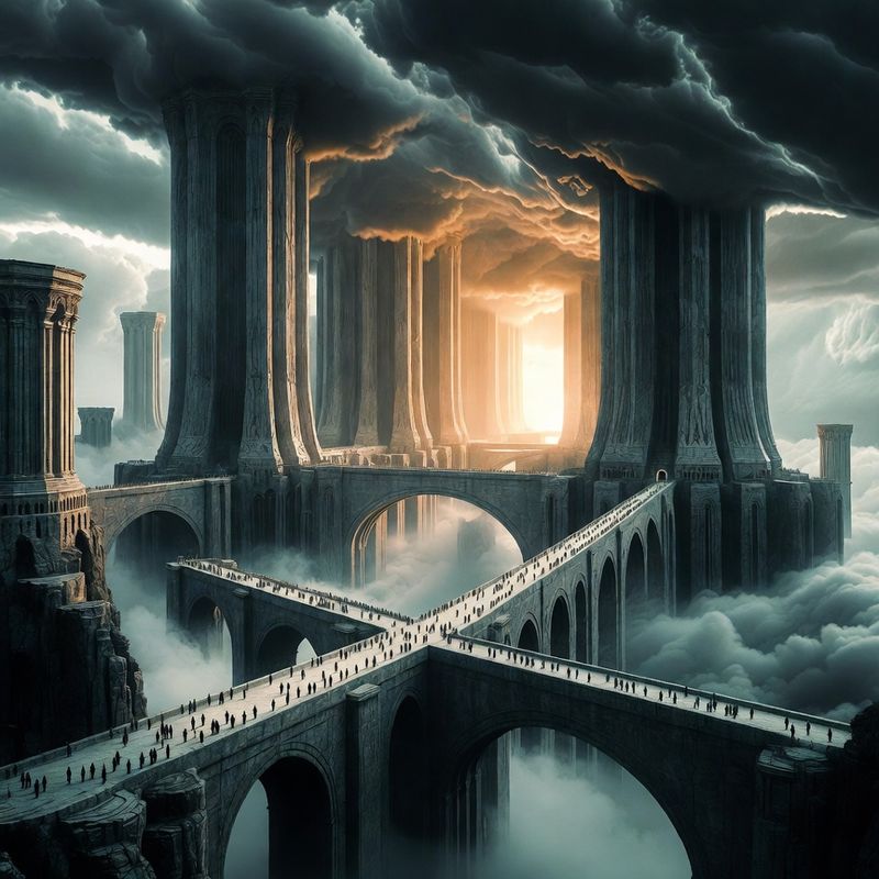 illustrations-landscape · Floating Monastery Among Thunderclouds Gigantic Stone Bridges Linking