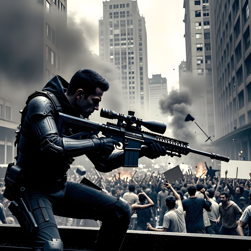 illustrations-scifi-mecha · A Rooftop Assassin In A Dystopian City Preparing
