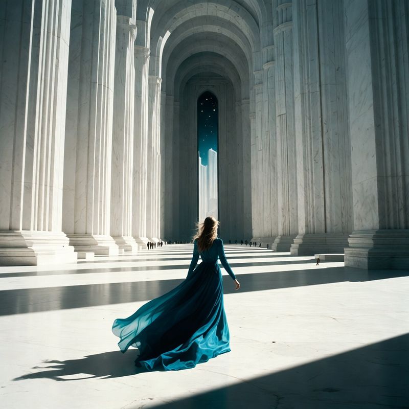 illustrations-fantasy-royalty · Legendary Sorceress Walking Alone Through Endless White Marble