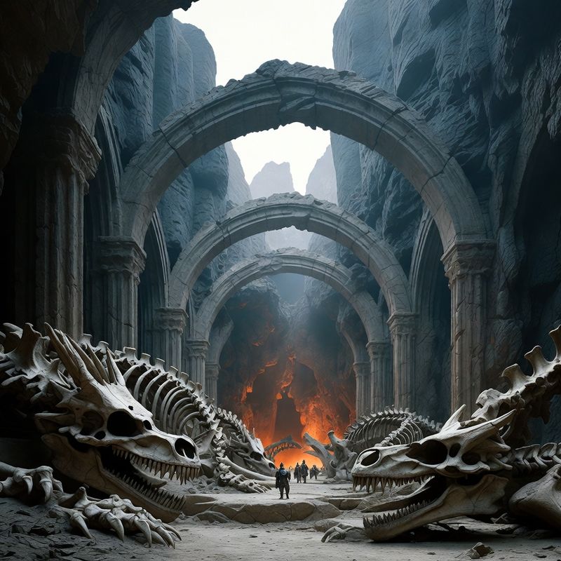 illustrations-landscape · Ancient Dragon Sanctuary Beneath Volcanic Mountains Colossal Fossilized