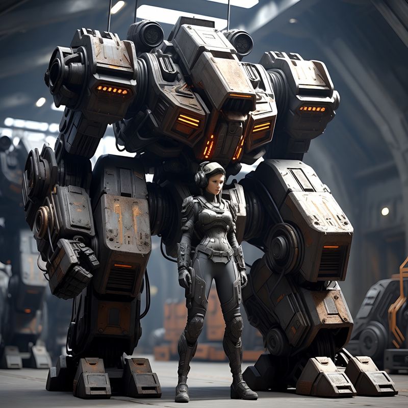 illustrations-scifi-mecha · Female Mech Pilot Standing Before A Colossal Combat