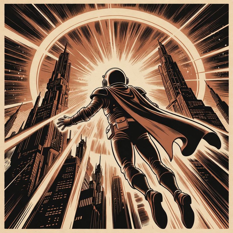 illustrations-scifi-mecha · Cosmic Guardian Flying Through Radiant Energy Rings Above