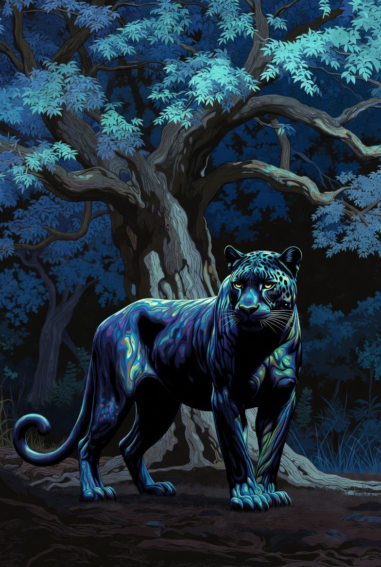 illustrations-fantasy-creatures · The Powerful Panther With Luminescent Scales Next To