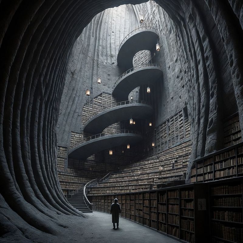 illustrations-landscape · Endless Wizard Library Carved Into A Mountain Spiral