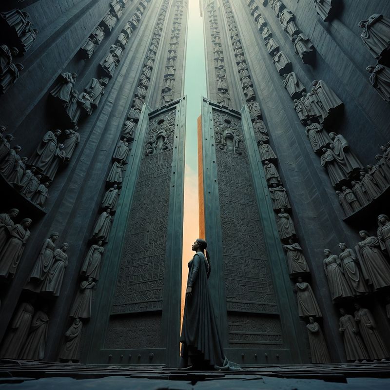 illustrations-fantasy-royalty · Beautiful Ruler Standing Before Monumental Bronze Doors Engraved