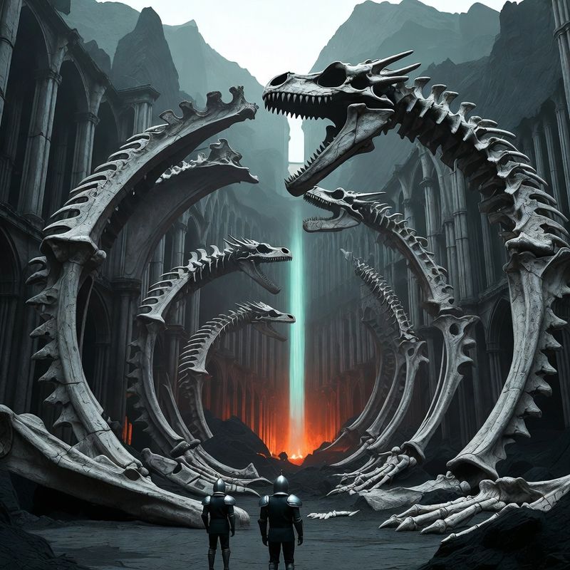 illustrations-landscape · Ancient Dragon Sanctuary Beneath Volcanic Mountains Colossal Fossilized