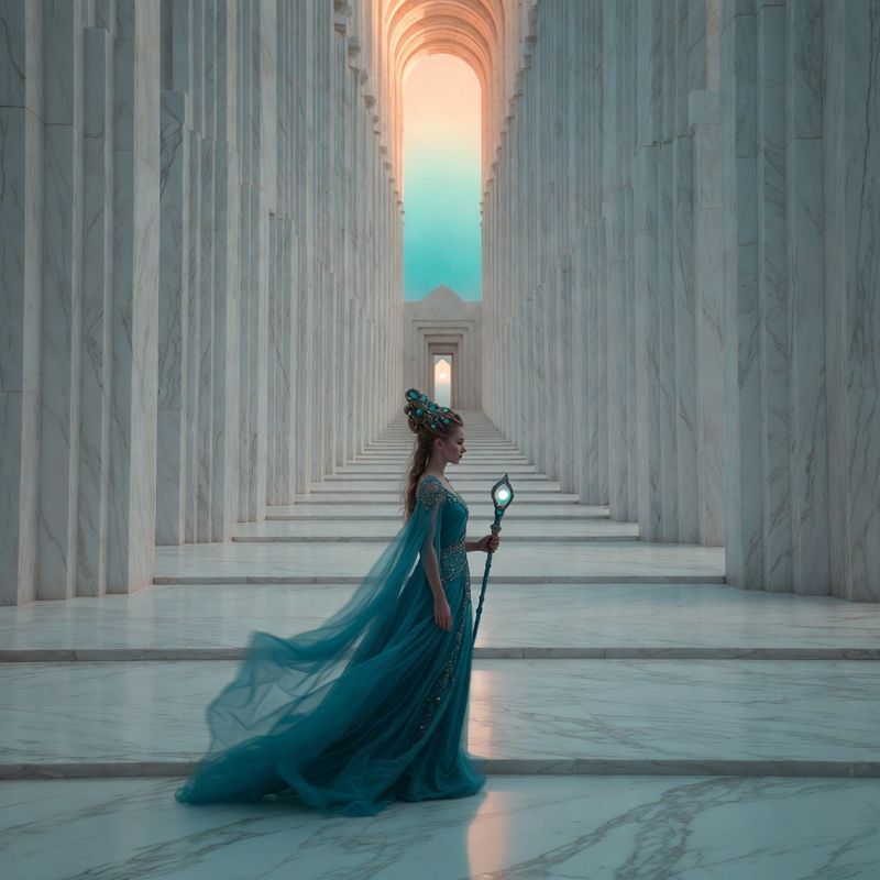 illustrations-fantasy-royalty · Legendary Sorceress Walking Alone Through Endless White Marble