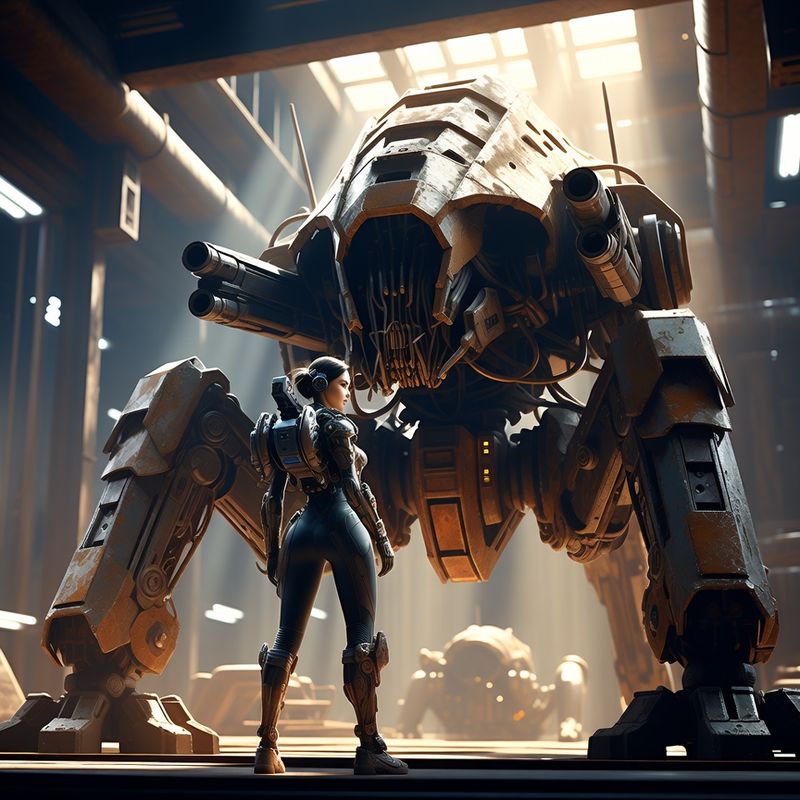 illustrations-scifi-mecha · Female Mech Pilot Standing Before A Colossal Combat