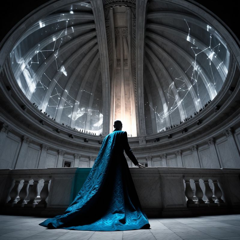 illustrations-fantasy-royalty · Royal Advisor In Magnificent Blue Silk Standing Beneath