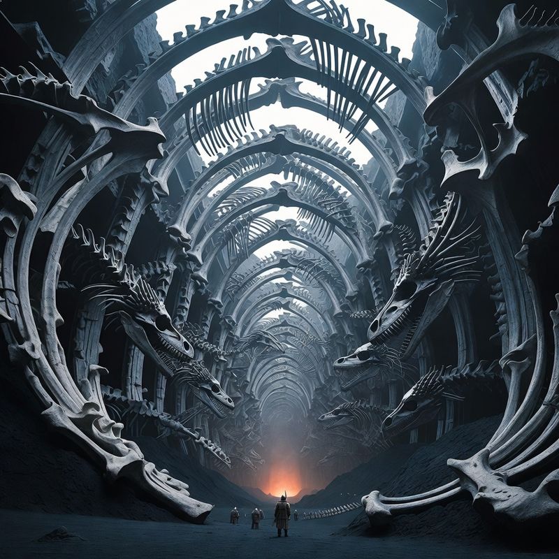 illustrations-landscape · Ancient Dragon Sanctuary Beneath Volcanic Mountains Colossal Fossilized