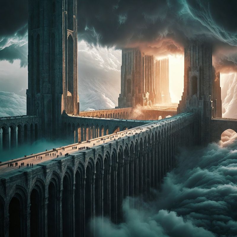 illustrations-landscape · Floating Monastery Among Thunderclouds Gigantic Stone Bridges Linking