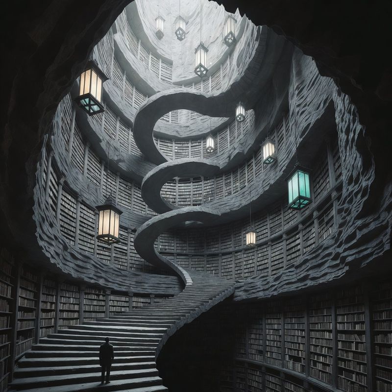 illustrations-landscape · Endless Wizard Library Carved Into A Mountain Spiral