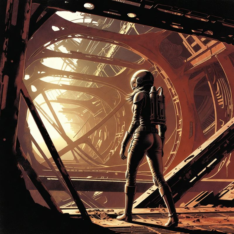 illustrations-scifi-mecha · Female Star Ranger Walking Through Abandoned Alien Megastructure
